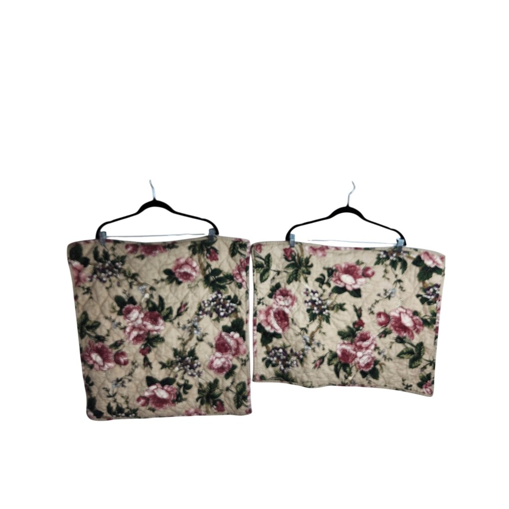 Pottery Barn Euro And Standard Shams Beige Pink Floral Quilted Cotton Linen